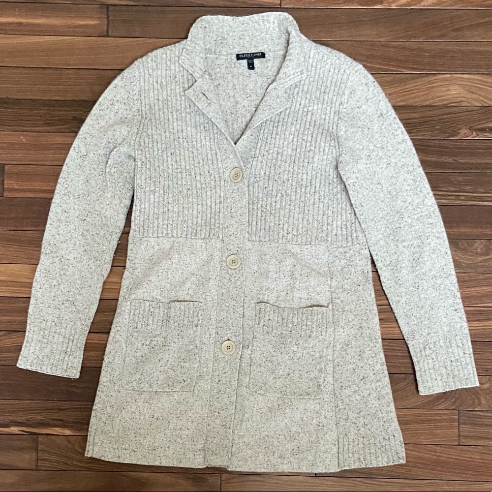 EILEEN FISHER WOMENS LONG BUTTON FRONT SWEATER/CARDIGAN/ CREAM-TAN/SIZE PP.